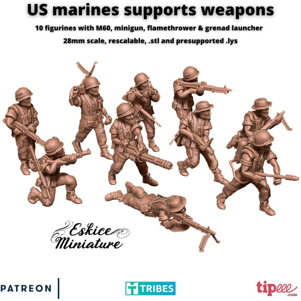 Armes de soutiens US Marines avec M60, lance grenade, minigun et lance flamme