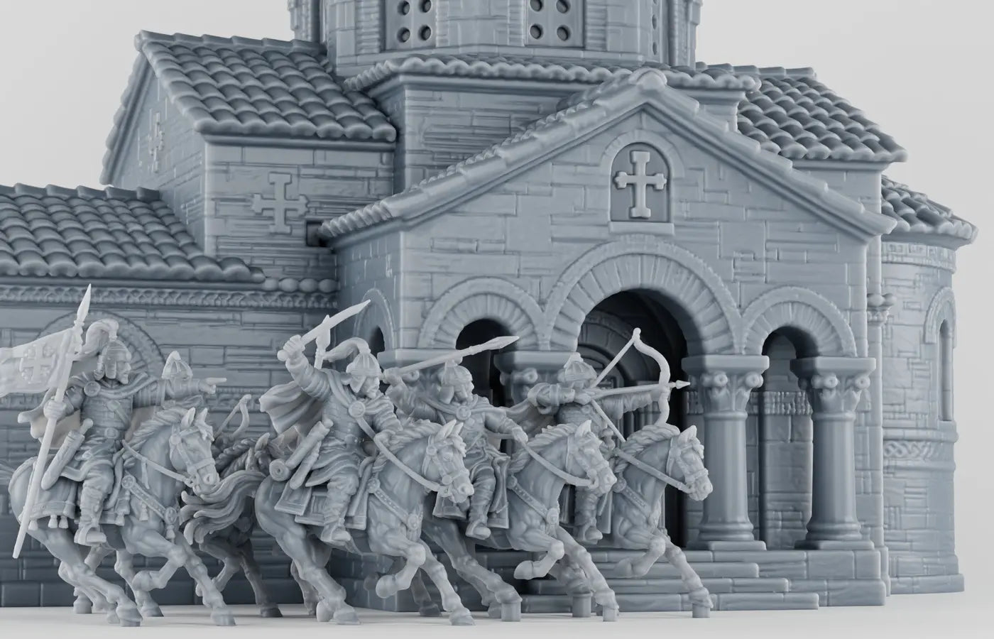 Cavaliers byzantins et église miniature